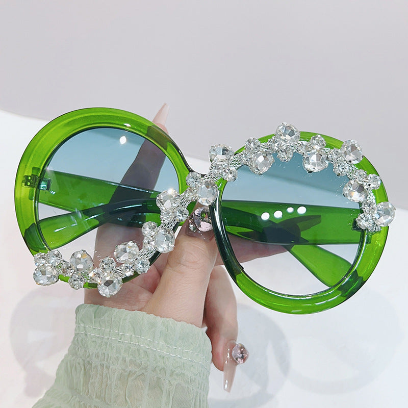 Oversized Round Frame Diamond Sunglasses