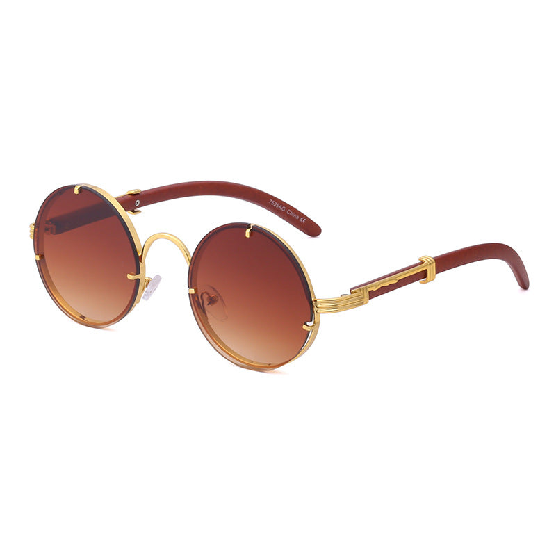 Round Frame Woodgrain Sunglasses